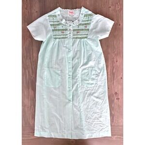 VTG Mint Green Plum Blossom Smocked Short Sleeve Mumu Embroidered Women's Size M